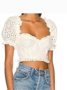 For Love & Lemons White Eyelet Ruffle Back Crop Top